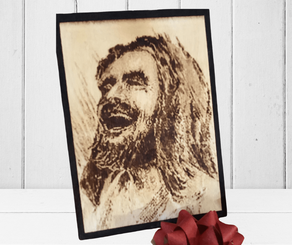 Laughing Jesus Wood Burnt Photo - 9x12 - 