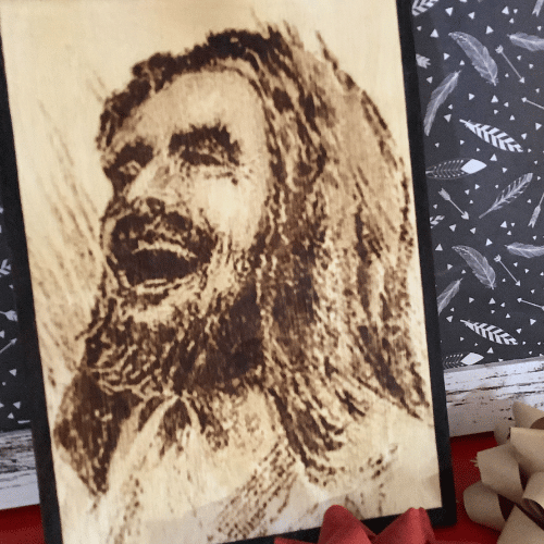 Laughing Jesus Wood Burnt Photo - 9x12 - 